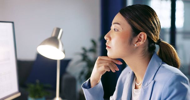 Bilgisayardaki Asyalı muhasebeci ve kadın iş ekranındaki bütçeyi kontrol ederken düşünüyor. Strateji, problem çözme ve hesap tablosu analizi ile meşgul muhasebe çalışanlarının odak noktası - Fotoğraf, Görsel