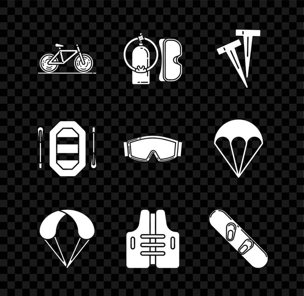 Set Bicycle Diving mask and aqualung Pegs for tents Parachute Life jacket Snowboard Rafting boat and Ski goggles icon. Vector. - Vector, Imagen