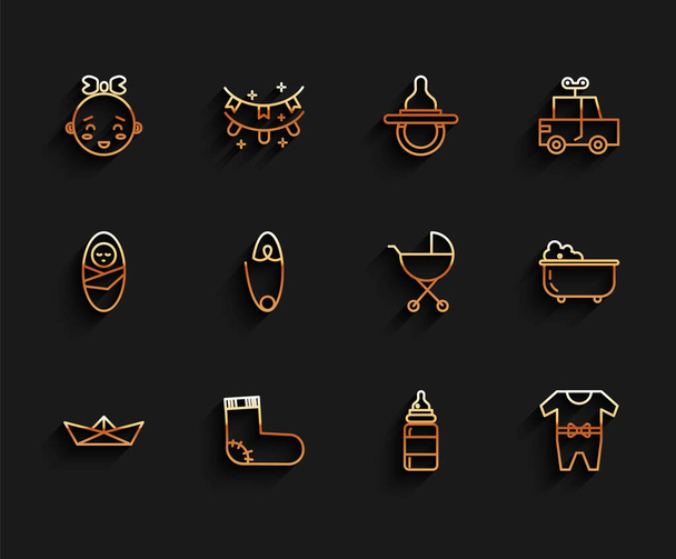 Set line Folded paper boat Baby socks clothes Happy little girl head bottle Classic steel safety pin bathtub and stroller icon. Vector. - ベクター画像