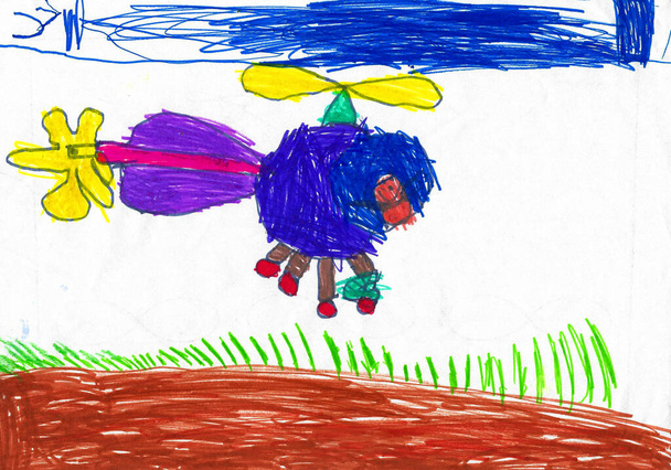 Children's colorful drawing of a flying blue helicopter made by markers - Foto, Imagen
