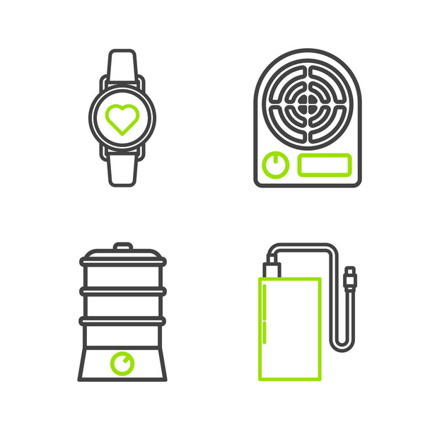 Set line Power bank with different charge cable Double boiler Electric heater and Smart watch showing heart beat rate icon. Vector. - Vetor, Imagem