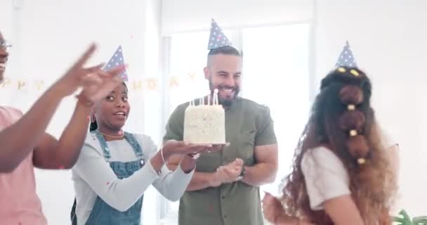 Happy birthday, celebration and business people excited, party and wow for success at creative meeting. Announcement, surprise and celebrate of team, employees or black woman promotion with a cake. - Imágenes, Vídeo