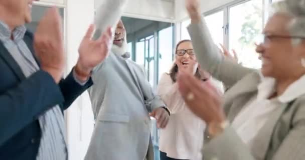 Applause, business people and high five in office for teamwork, motivation and collaboration. Diversity, group and happy workers clapping hands in company for success, winning support and celebration. - Metraje, vídeo