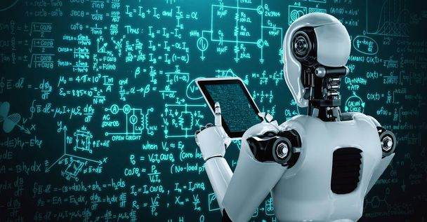Robot hominoidler, 4. Sanayi devrimi için yapay zeka, yapay zeka ve makine öğrenme yöntemlerini kullanarak bilim mühendisliği için tablet bilgisayarı kullanıyorlar. 3B görüntüleme - Fotoğraf, Görsel