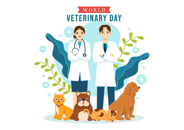 World Veterinary Day on April 29 Illustration with Doctor and Cute Animals Dogs or Cats in Flat Cartoon Hand Drawn for Landing Page Templates - Vektor, kép