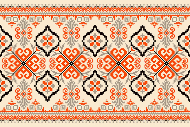 Geometric ethnic floral cross stitch embroidery on cream background.oriental pattern traditional.Aztec style abstract vector illustration.design for texture,fabric,clothing,wrapping,decoration,scarf. - Wektor, obraz