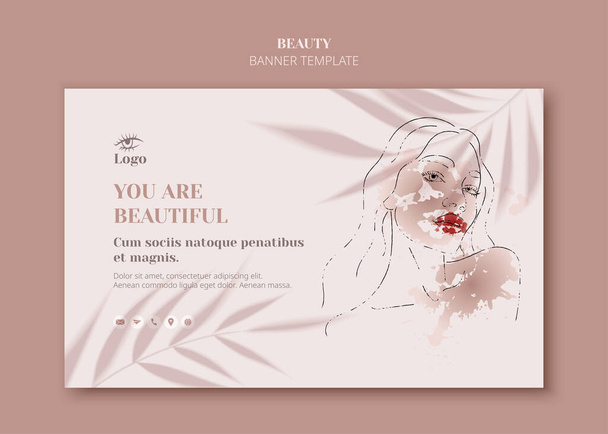  Female face in trendy art style. Line art in an elegant style with watercolor paint banner template. Beautiful woman face contour grunge brush vector illustration. Skin care make up. Leaves shadow. - Vector, Image