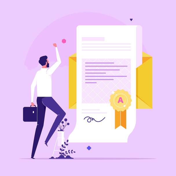 Man and document with wafer seal and ribbon. Diploma or certificate of honor, merit, appreciation, excellence, award, recognition, achievement or graduation, flat vector illustration - ベクター画像