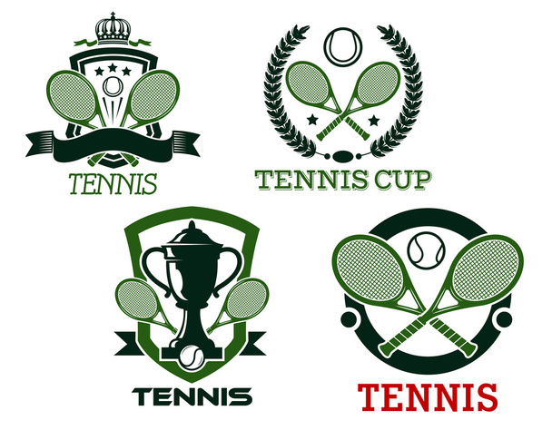 Теннисные иконы и симпоты с ракетками, мячами, сеткой
 - Вектор,изображение
