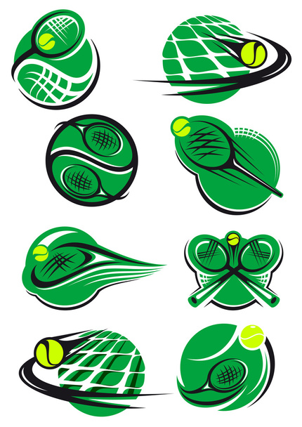 Icone e simi da tennis con palline racchette, rete
 - Vettoriali, immagini