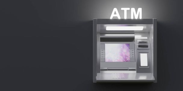 ATM on empty grey wall background. Illuminated Automated Teller Machine at night, public bank, online money. Ad template, copy space. 3d render - Photo, Image