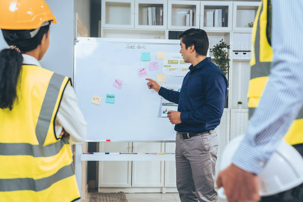 A team of investor and competent engineers brainstorming on the whiteboard to find new ideas and making plans. The idea of a team gather ideas together. - Foto, immagini