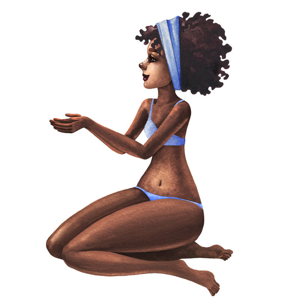 Красива африканська дівчина в нижній білизні, сидячи на колінах з руками, складеними разом перед нею. Вільна зачіска і спокуслива попка
. - Фото, зображення