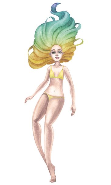 Een prachtig blank meisje in een volledige lengte zwemmend onder water poseren met haar boven haar hoofd. Met de hand geschilderde aquarel illustratie geïsoleerd op een witte achtergrond - Foto, afbeelding