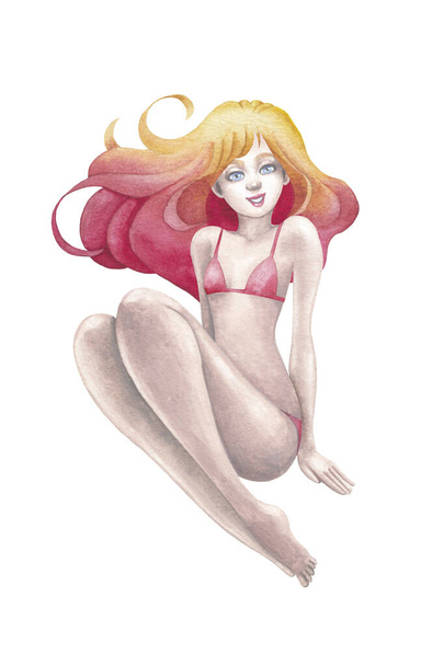 A beautiful caucasian girl in underwear with loose hairstyle sitting in a seductive pose. Hand painted watercolor illustration isolated on a white background - Photo, Image