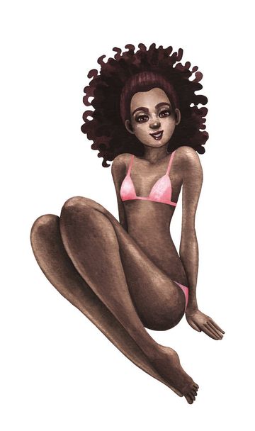 A beautiful african girl in underwear with loose hairstyle sitting in a seductive pose. Hand painted watercolor illustration isolated on a white background - Photo, Image