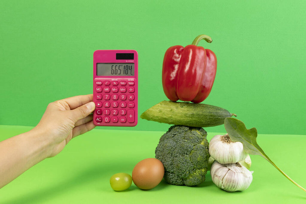 conceptual creative photo of monetary inflation, economic recession, crisis, vegetables and calculator - 写真・画像