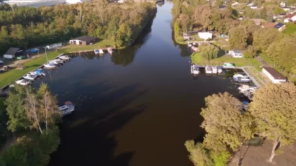 panorama orbit drone river, Brieselang in brandenburg Germany at summer golden hour 2022. High Quality 4k Cinematic footage - Video