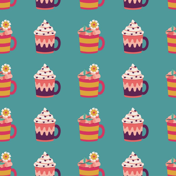 Seamless pattern. Vector design with cups, mugs. Suitable for Valentine's Day, for paper, cover, fabric, indoor decor, wallpaper and more. - Vektor, kép