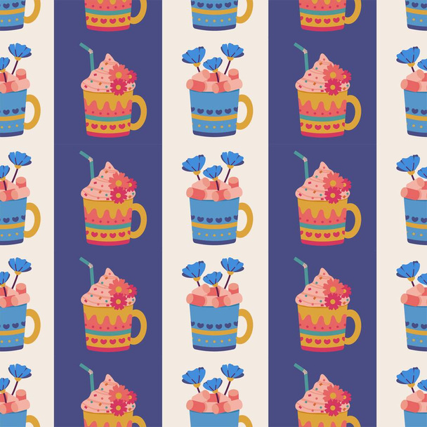 Seamless pattern. Vector design with cups, mugs. Suitable for Valentine's Day, for paper, cover, fabric, indoor decor, wallpaper and more. - Vector, Imagen