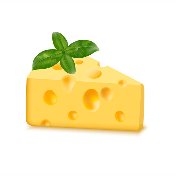 Emmental hard cheese slice, triangular piece with holes. Basil leaf on a piece of cheese. Dairy product. Delicious swiss cheese. Realistic vector illustration isolated on white background - Vector, imagen
