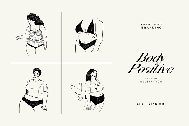 Feminism body positive illustration with minimalistic female figure, love to own figure, female freedom, girl power isolated vector illustration. Abstract body Art design for print, cover, wallpaper, Modern abstract line art style. Vector illustratio - Vector, Imagen