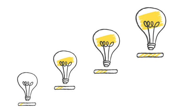 Idea loading with light bulb isolated white background. doodle style lamp bulb idea icon. Creativity and innovation concept. handrawn light bulbs. Cartoon, Vector illustration. - Vektor, Bild