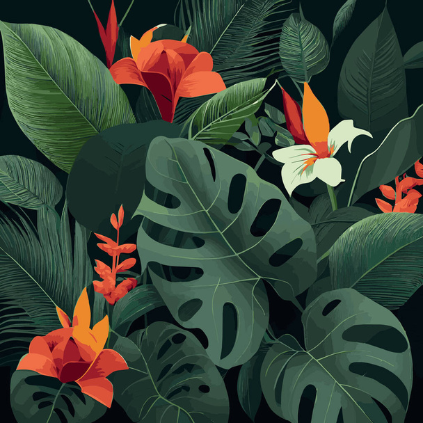 緑の熱帯林の背景 モンスターラの葉 ヤシの葉 枝。 バナー,テンプレート,装飾,ポストカードのためのエキゾチックな植物の背景. 抽象的な葉と植物の壁紙 - ベクトルイラスト - ベクター画像