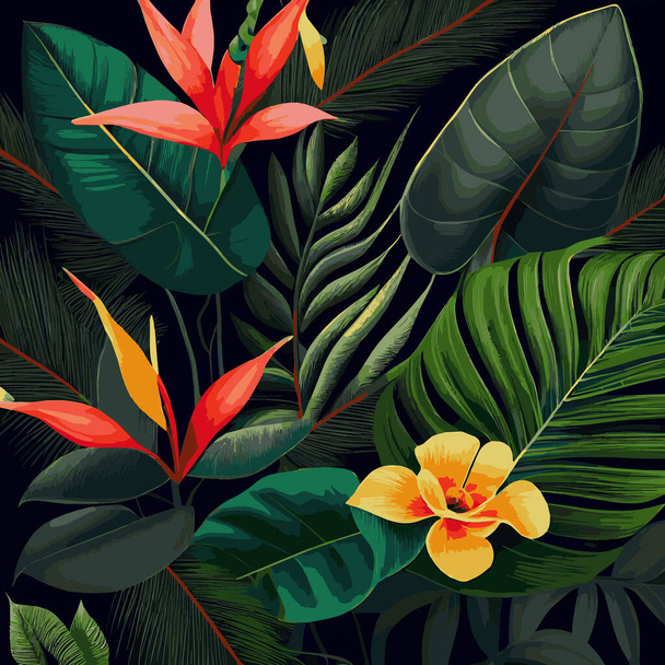 緑の熱帯林の背景 モンスターラの葉 ヤシの葉 枝。 バナー,テンプレート,装飾,ポストカードのためのエキゾチックな植物の背景. 抽象的な葉と植物の壁紙 - ベクトルイラスト - ベクター画像