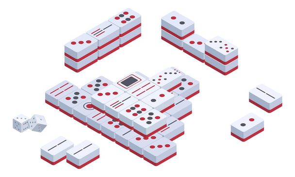 Isometric mahjong table gaming. Classic Chinese strategy game, popular board puzzle game 3d vector illustration on white background - Vektor, kép