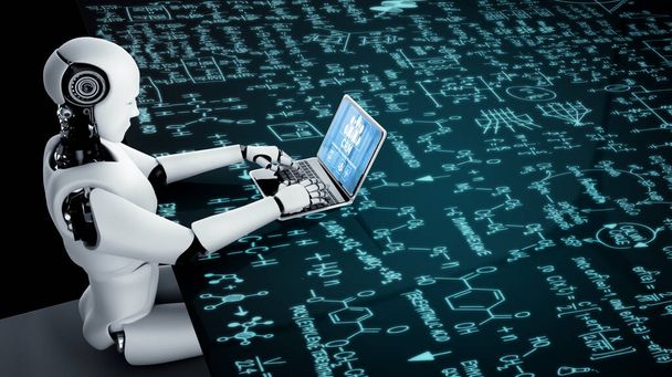 AI robot using computer software showing artificial intelligence technology. 3D illustration. - 写真・画像