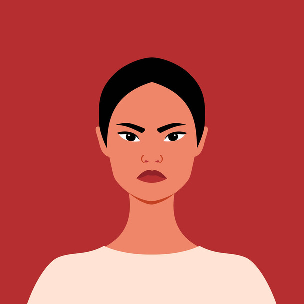 Portrait of an angry Asian woman. Grumpy girl. Felleing anger. Full face portrait in flat style. Human emotions - Vector, Imagen