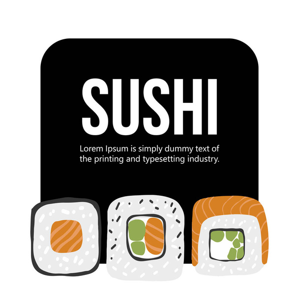 Plantilla de diseño con set de sushi Ilustración sobre fondo de marco negro. - Vector, imagen