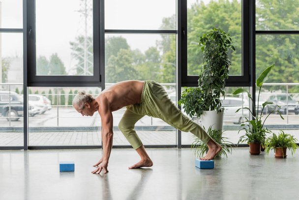 side view of shirtless and grey haired man practicing yoga near foam blocks  - 写真・画像