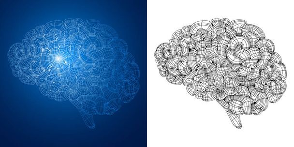 Set of Brain drawings with linear texture. Digital brain, brainstorm logo. Science,  neural network, artificial intelligence or modern technology concept. Vector 3d illustration. - Vector, imagen