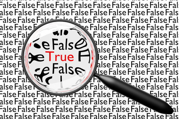 3D illustration of a magnifying glass with opposite words true and false on the background. Truth search concept - Photo, image