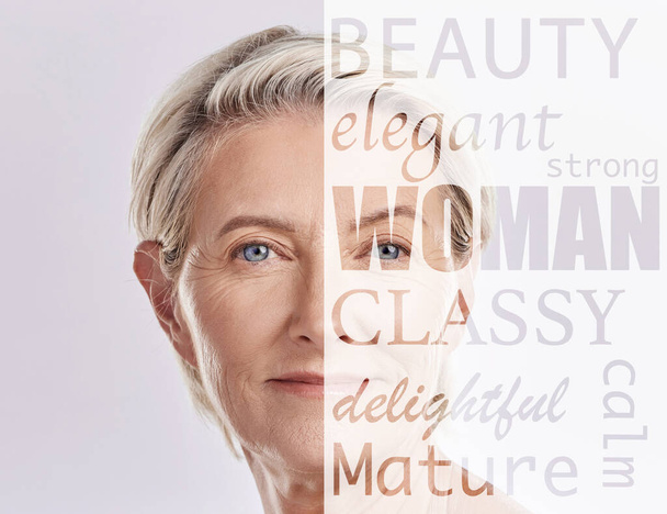 Beauty, skincare and senior woman in text overlay for makeup or cosmetics isolated on white background. Empowerment, portrait and face of elderly model or person in self love collage or mockup space. - Φωτογραφία, εικόνα