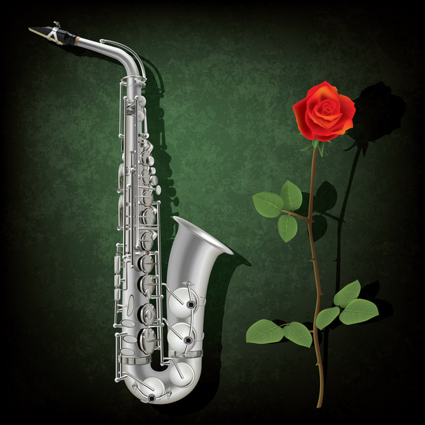 абстрактний гранжевий фон з саксофоном і трояндою
 - Вектор, зображення