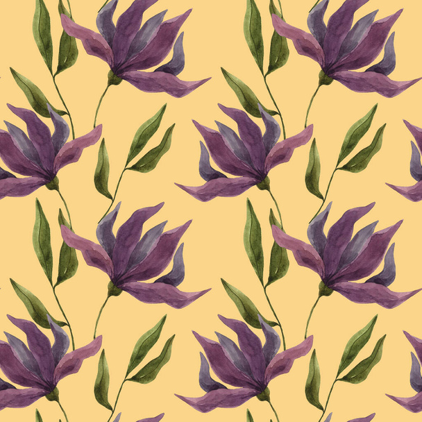 Hand drawn watercolor pattern of purple flowers. Fantasy watercolor flowers. Seamless fabric print. Africa. Magnolia. Home textiles. Textile. Texture. - Fotoğraf, Görsel