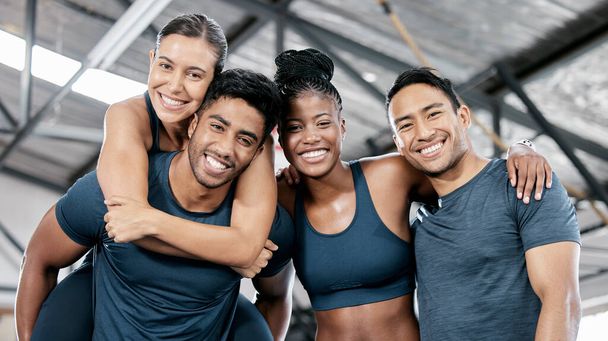 Fitness, happy and portrait of friends in gym for teamwork, support and workout. Motivation, coaching and health with group of people training in sports center for cardio, exercise and wellness. - Photo, Image