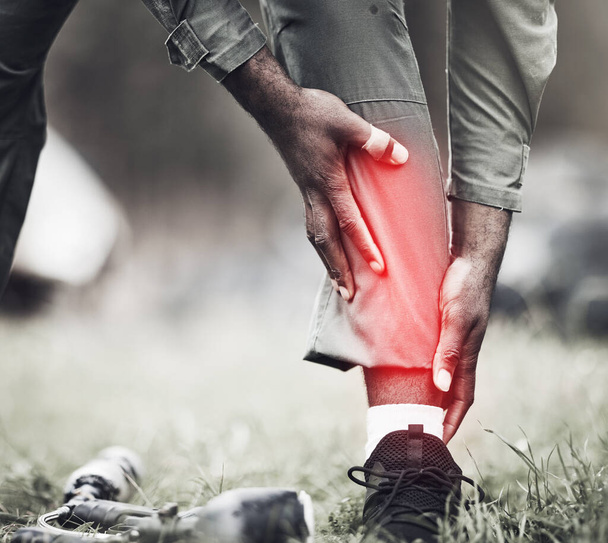 Leg injury, military fitness and black man soldier on a field with joint pain from exercise drill. Sports run, medical emergency and military performance accident in war with blurred background. - Fotoğraf, Görsel