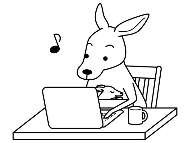Kangaroo raising a child looking at a computer. Black and white line drawing. Humorous animal illustrations. - Vettoriali, immagini