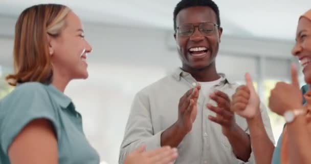 Clapping, celebration and happy people in office teamwork, success and excited in startup goals, target or achievement. Applause, hands together and thumbs up of diversity worker, employee or staff. - Metraje, vídeo