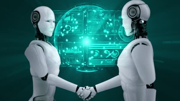 3D rendering hominoid robot handshake to collaborate future technology development by AI thinking brain, artificial intelligence and machine learning process for 4th industrial revolution. - Video, Çekim