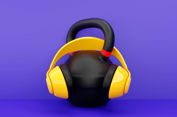 3D illustration black metal weight in yellow headphones on a purple background - Fotografie, Obrázek