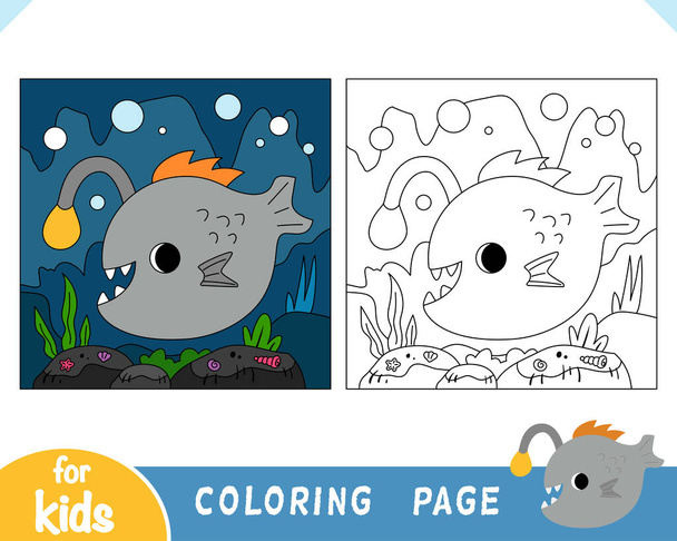 Libro da colorare per bambini, Carina rana pescatrice e sfondo grotta subacquea - Vettoriali, immagini