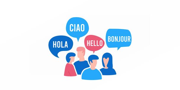 Група людей з бульбашкою мовлення та вітаємо з привітанням різними мовами
 - Вектор, зображення
