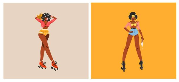 Dibujado a mano vector abstracto ilustraciones gráficas modernas personajes colección conjunto de mujeres jóvenes en fiesta disco y patinaje, elementos de los años 90. Concepto afroamericano. Diseño de personajes de dibujos animados - Vector, imagen