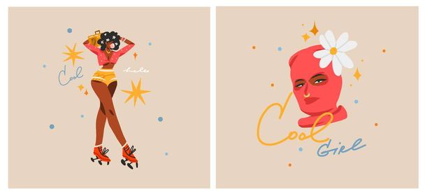Ručně kreslený vektor abstraktní moderní grafické ilustrace postavy sbírka mladých žen na disco party a kolečkových bruslích, prvky 90. let. Africký americký koncept. Návrh kreslených postav - Vektor, obrázek