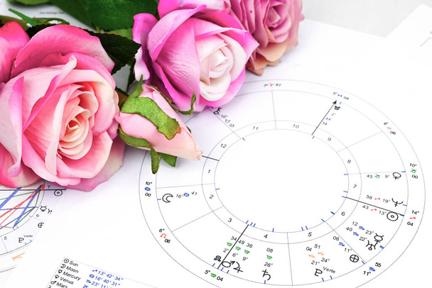 Printed astrology birth chart and red roses with heart, workplace of astrology, spiritual, The callings, hobbies and passion, blueprints and life mapping - Valokuva, kuva